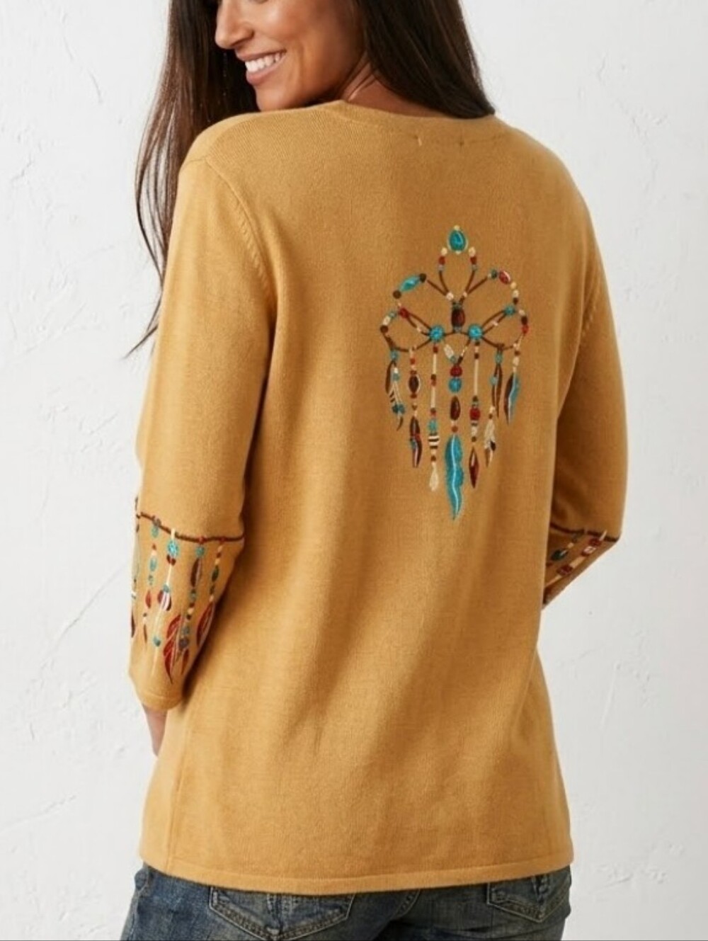 Bob Mackie Wearable Art Embroidered Cardigan Large Native Dreamcatcher Y2K